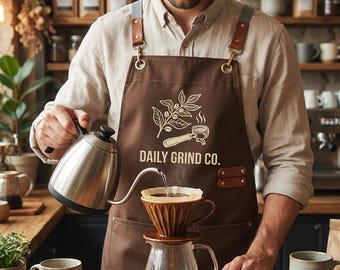 Custom Logo Barista Apron with Leather Straps,Personalized Coffee Shop Uniform,Professional Apron for Cafe Restaurant,Business Branding Gift