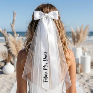 Custom Lettering Bridal Bow,Personalized Mrs Last Name Veil,Tulle Hair Bow Keepsake for Bride,Engaged Friend Gift