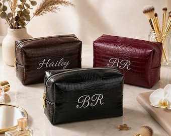 Personalized Travel Makeup Bag, Embroidered Name Toiletry Pouch, Croc Embossed Makeup Organizer, Graduation Birthday Gift for Women, Getaway