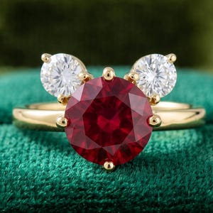 May include: A gold ring featuring a large, round, deep red gemstone as the centerpiece, flanked by two smaller, round, clear gemstones. The ring is set against a green velvet background, highlighting the ring's design.