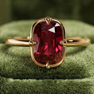May include: A gold ring featuring a large, rectangular, deep red gemstone. The gemstone is set in a gold bezel with decorative accents. The ring is displayed on a green velvet surface, highlighting the ring's color and design.