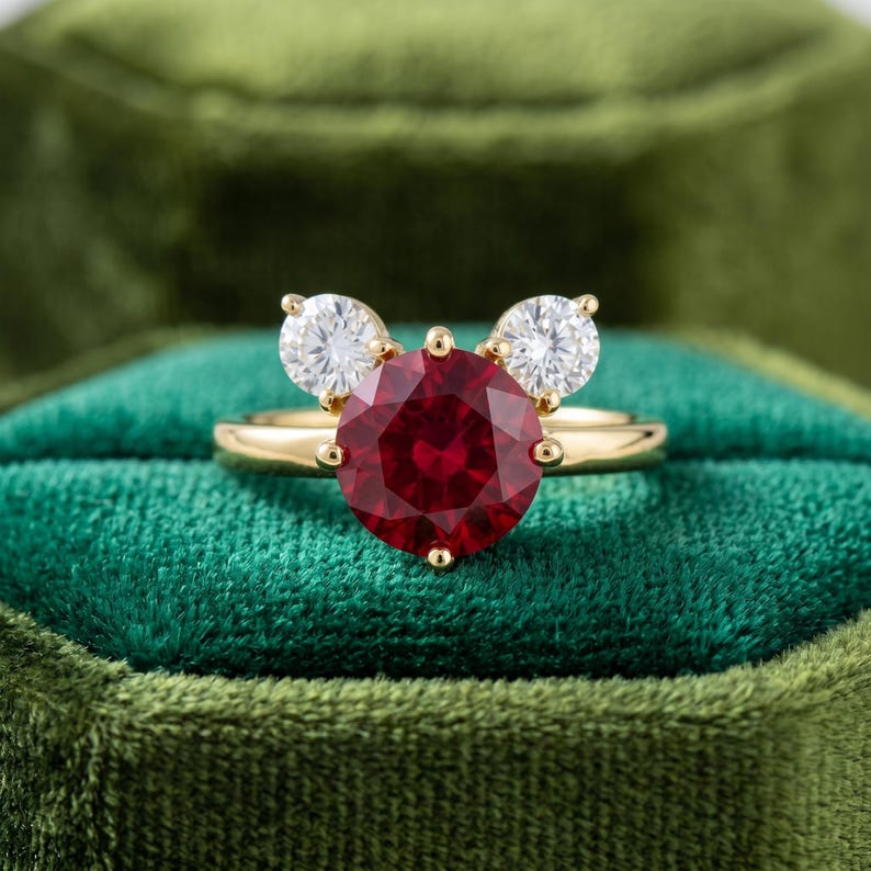 May include: A gold ring featuring a large, round, deep red gemstone as the centerpiece, flanked by two smaller, round, clear gemstones. The ring is set against a green velvet background, highlighting the ring's design.