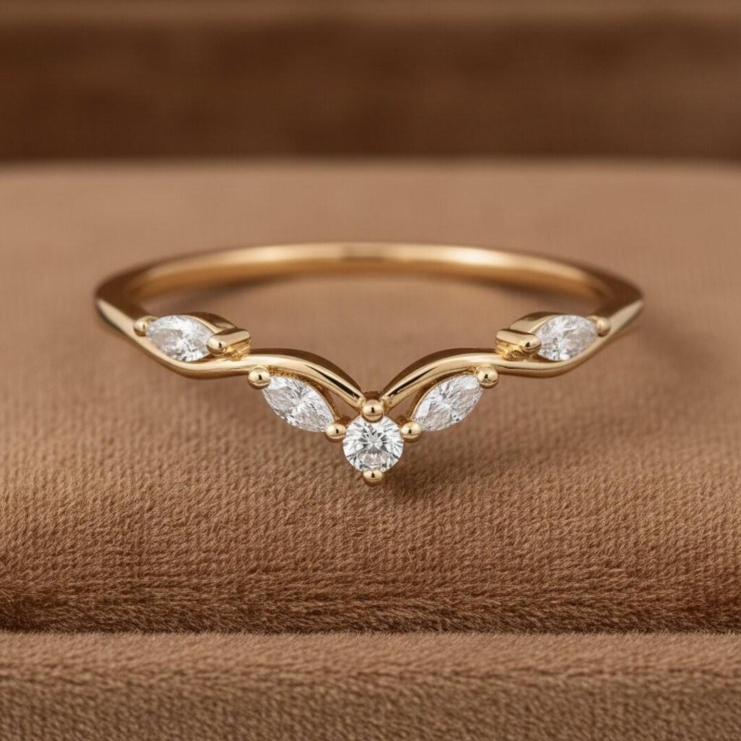 Marquise Cut Moissanite Curved Wedding Band Unique Yellow Gold Diamond ...