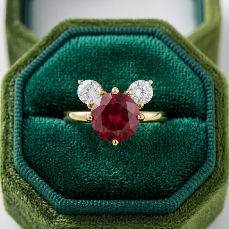 May include: A gold ring featuring a large, round, deep red gemstone flanked by two smaller, round, clear gemstones. The ring is set against a dark green velvet background, suggesting a jewelry box.