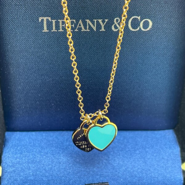 Vintage Pre-Owned Tiffany & Co Return to Tiffany Double Heart Tag Mini Necklace 18K Yellow Gold Tiffany Blue Enamel Pendant Gift