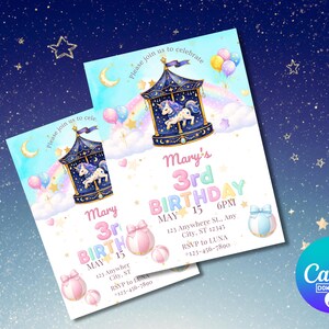 Celestial Carousel Unicorn 3rd Birthday Invite | Fantasy Pastel Party Invitation | Editable in Canva | 5x7 Printable