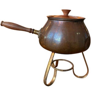 Vintage MCM Kupfer Fondue Topf Set Tagus Made in Portugal Messing Ständer Holzgriff