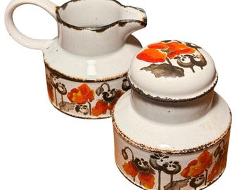 Vintage 70s Midwinter Stonehenge Autumn Poppy Creamer & Covered Sugar Bowl Set