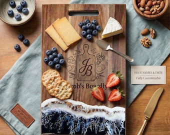 Custom Acacia Wood Ocean Resin Serving Board, Personalized Wave Cheese Tray