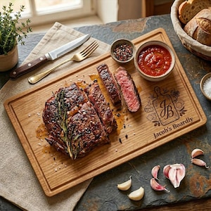 May include: A cooked steak, sliced and presented on a wooden chopping board. The board is engraved with "Jacob's Boardly". The image includes small bowls of sauce and spices, a fork, a knife, and garlic cloves. The steak is garnished with rosemary.
