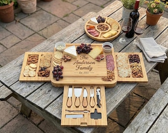 Personalisierte Bambus Charcuterie Board Set mit Schubladen und Messern