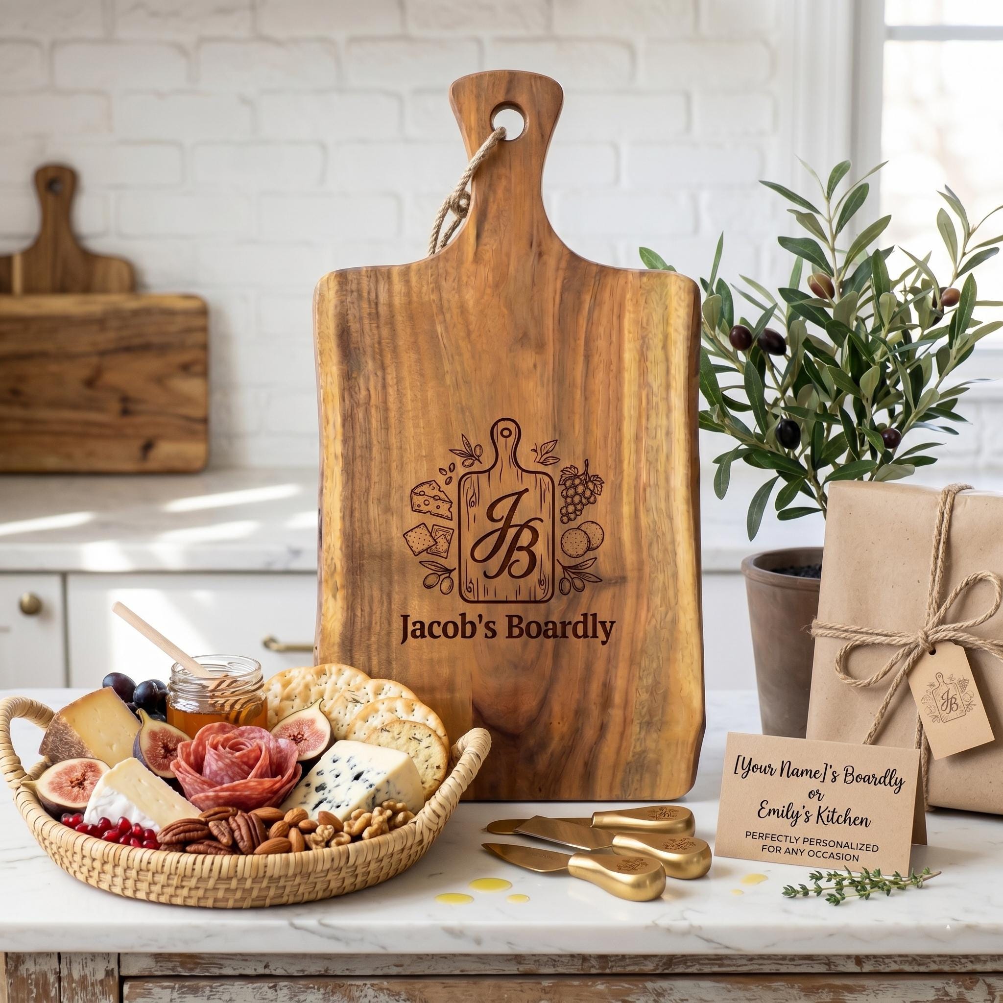 Personalized Acacia Wood Charcuterie Board,Custom Engraved Serving Board with Handle,Live Edge Wooden Cheese Board,Wedding Housewarming Gift