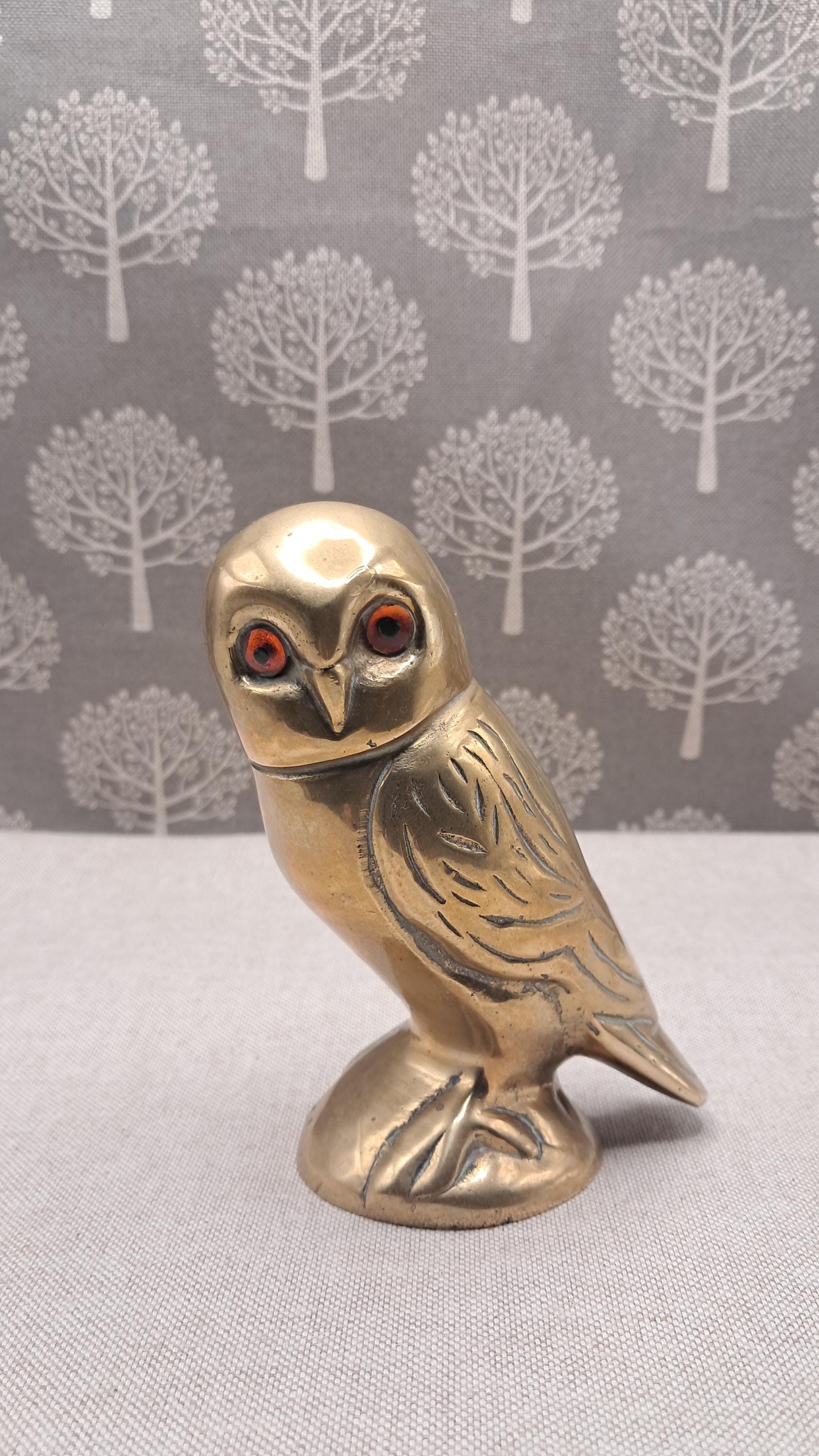 Solid Brass Owl Figurine: Vintage Woodland Decor with Orange Glass Eyes