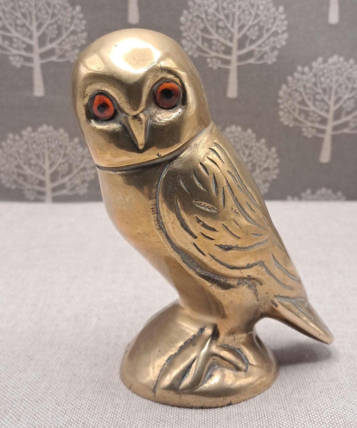 Vintage Brass Owl Figurine with Red Glass Eyes, Solid Brass Bird Ornament, Owl Collector Gift