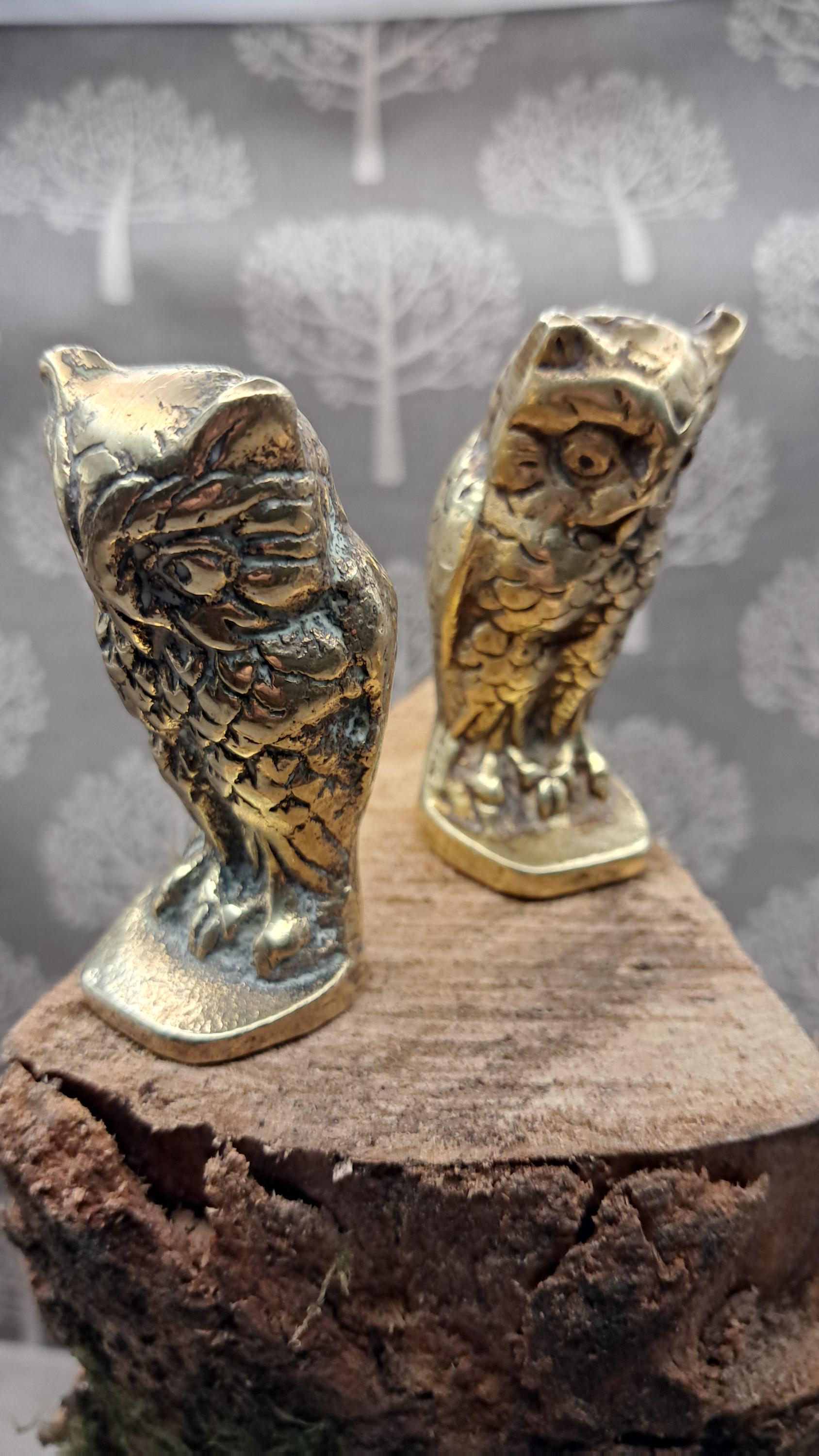 Vintage Solid Brass Owl Figurines &bull; Mid Century Dark Academia Decor