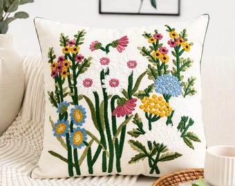 Wildflower Embroidered Cushion Cover | Floral Decorative Pillow | Boho Cottagecore Home Decor | Premium Cushion Cover | 30x50 / 45x45