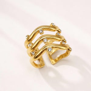 Adjustable Wave Ring Gold Stainless Steel Ring, Minimalist Stackable Ring with Zircon, Waterproof Statement Ring Gift for Her