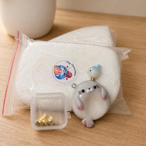 Puede incluir: Un charm de foca de arcilla hecho a mano con un pájaro azul en la cabeza, junto a un pequeño recipiente transparente con adornos dorados. Una bolsa de arcilla blanca y una planta en una maceta blanca están en el fondo. El charm tiene acentos rosas.