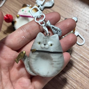 Könnte beinhalten: Ein grau-graues Katzen-Schlüsselanhänger mit Fischschwanz und Fisch-Anhänger. Der Schlüsselanhänger hat einen weißen Metallverschluss und einen kleinen silbernen Anhänger mit dem Namen "Sora". Die Katze hat eine schwarze Linie für den Mund und einen goldfarbenen Fisch.