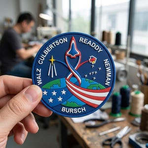 May include: A circular blue patch featuring a space shuttle design with red, white, and blue accents. The patch includes the names WALZ, CULBERTSON, READDY, NEWMAN, and BURSCH. The design incorporates stars, a globe, and a stylized trajectory.