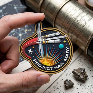 May include: A circular patch with the text "PROJECT HAIL MARY" and a design featuring rockets, stars, and a red arc. The patch has a black background with gold and blue accents. The patch is held in a hand.