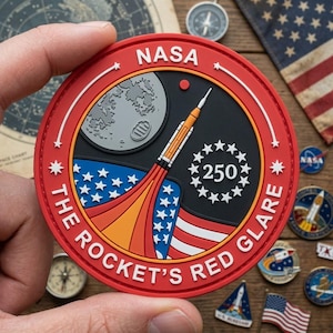 May include: A round NASA patch with a red border and the text "THE ROCKET'S RED GLARE." The patch features a rocket launching, a gray moon, and the number "250" surrounded by stars. The NASA logo is at the top.