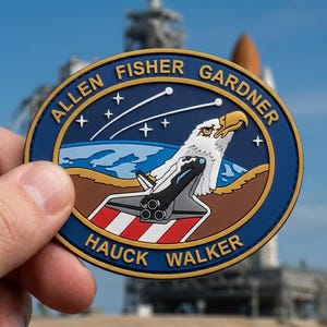 May include: A circular patch with a blue border and the text "ALLEN FISHER GARDNER" and "HAUCK WALKER". The patch features an eagle, a space shuttle, and the Earth. The background shows a space shuttle launch pad.