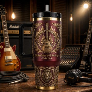 Vaso cristiano con diseño de guitarra de 1,18 litros (40 oz), Alábalo con cuerdas, Salmo 150:4, Regalo para amantes de la música rock, Regalo de fe para hombres, Vaso religioso