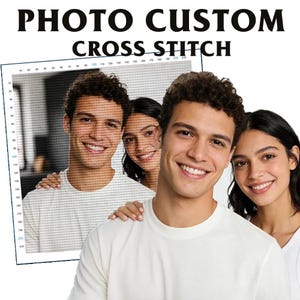 May include: Image with the text "PHOTO CUSTOM CROSS STITCH" at the top. The image features a cross-stitch pattern of a smiling group of people. The people are wearing white t-shirts.