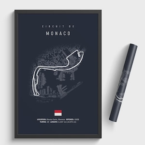 May include: Framed poster with a dark blue background featuring a white outline of the Monaco Grand Prix race track. The text "CIRCUIT DE MONACO" is at the top. The poster includes the location, opening year, turns, and length of the track.