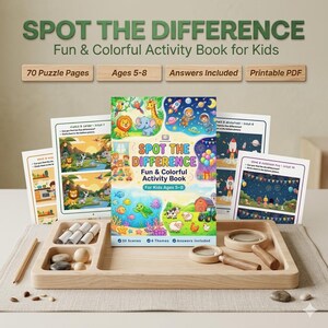 May include: A Spot the Difference activity book for children aged 5-8, containing 70 puzzle pages, 30 scenes, 6 themes, and answers included. The cover features colourful illustrations of animals, space, and farm scenes. It is placed on a wooden tray with two magnifying glasses, a pencil, and small wooden spheres.