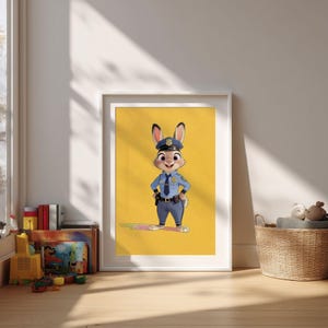 May include: Framed print featuring a cartoon rabbit in a police uniform, set against a yellow background. The rabbit is wearing a blue uniform with a badge and a police hat. The artwork is in a white frame, leaning against a wall.