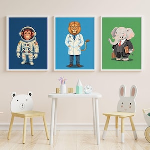 Set of 3 Animals in Uniforms Prints, Future Career Nursery Decor, Boys Room Gallery Wall, Lion Doctor, Elephant Boss, Space Monkey Astronaut