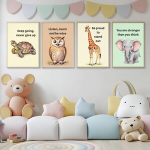 May include: Four framed wall art prints featuring a turtle with the text Keep going, never give up, an owl with Listen, learn and be wise, a giraffe with Be proud to stand out, and an elephant with the text You are stronger than you think.
