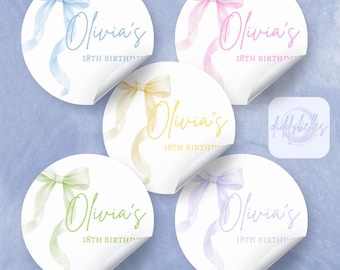 Personalised Birthday Stickers with Bow | Name, Age Party Labels