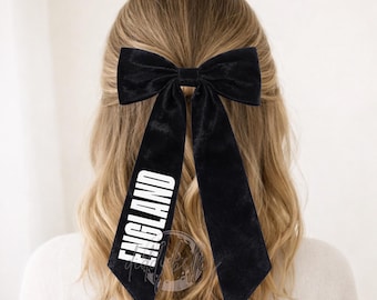Black Satin England Hair Bow | Custom Name, Number Football Fan Accessory