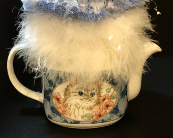 Sisal Tree Cat Centerpiece Assemblage Brush Blue Vintage Arrangement Lefton Shabby Chic Christmas Teapot
