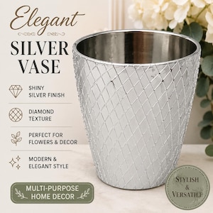 Silver Metal Planter Textured Diamond Lattice Cachepot Modern Flower Pot