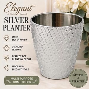 May include: A silver planter with a diamond-patterned texture and a shiny finish. The text on the left reads Elegant SILVER PLANTER, SHINY SILVER FINISH, DIAMOND TEXTURE, PERFECT FOR PLANTS & DECOR, MODERN & ELEGANT STYLE, MULTI-PURPOSE HOME DECOR.
