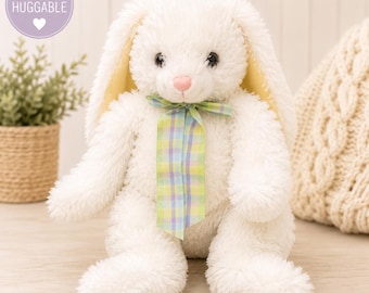 White Plush Bunny Decor: 21" Floppy Ears, Plaid Ribbon, Cottagecore Easter Accent