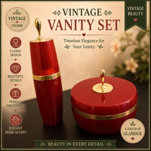May include: A vintage vanity set with a red finish and gold accents. The set includes a tall, cylindrical container and a round jar with a lid. The text on the image reads "Vintage Vanity Set" and "Timeless Elegance for Your Vanity."