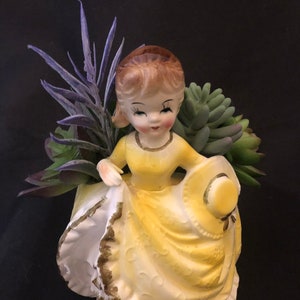 Vintage Figurine Planter Southern Belle Succulents Yellow Little Girl Vintage