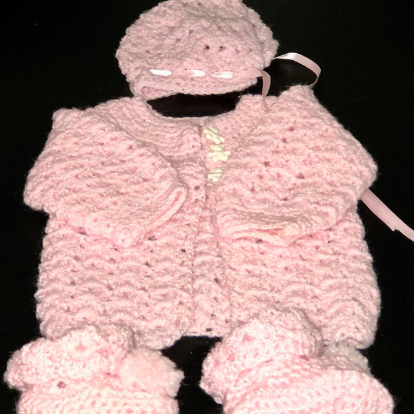 Veste Pull Crochet Main Rose – Taille 3/4 & 5/6 (enfant), Sans étiquette, Fait Main