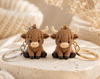 Highland Cow Bruno Schlüsselanhänger – 3D-Figur in Strickoptik