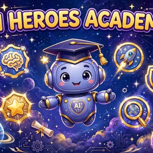 May include: A purple robot wearing a graduation cap floats in a starry space background with the text AI HEROES ACADEMY. Surrounding the robot are golden circular icons featuring a brain, a rocket, a checkmark shield, a star, and a magnifying glass.