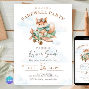 Plantilla de invitación para fiesta de despedida / Invitación para fiesta de despedida / Tema de avión Fox / Imprimible y editable / Móvil