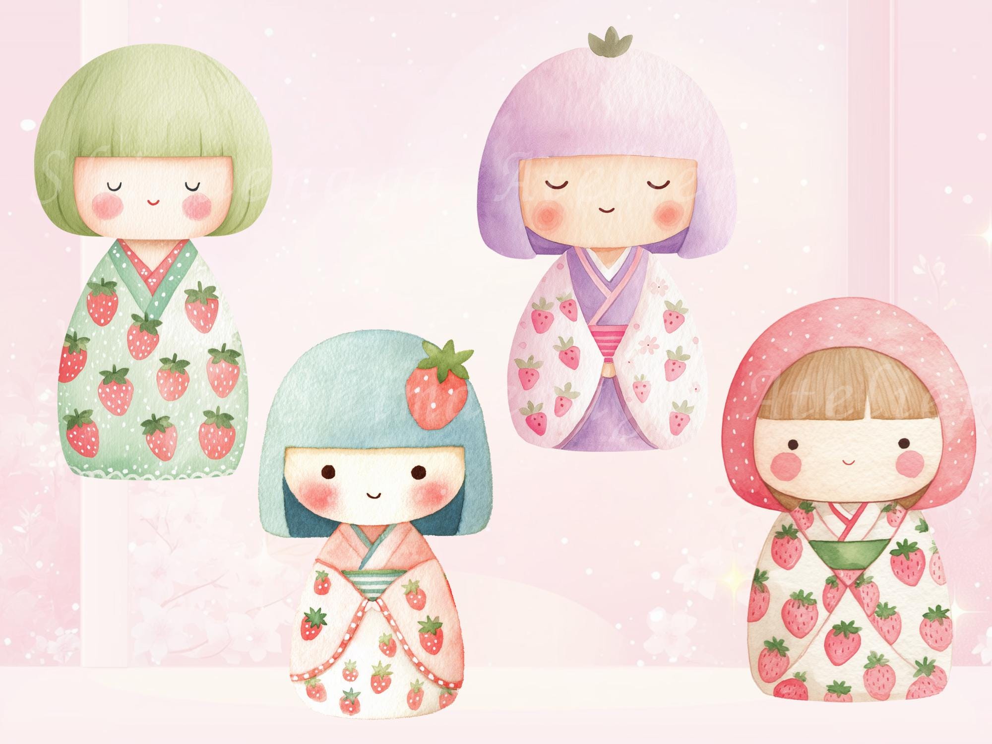 Kokeshi Clipart Set, Kawaii Strawberry Japanese Doll PNG, 20 Cute ...