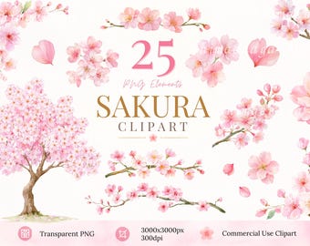 Imágenes prediseñadas de flores de cerezo japonesas, paquete de imágenes PNG de Sakura, 25 elementos de flores de cerezo en acuarela, uso comercial.