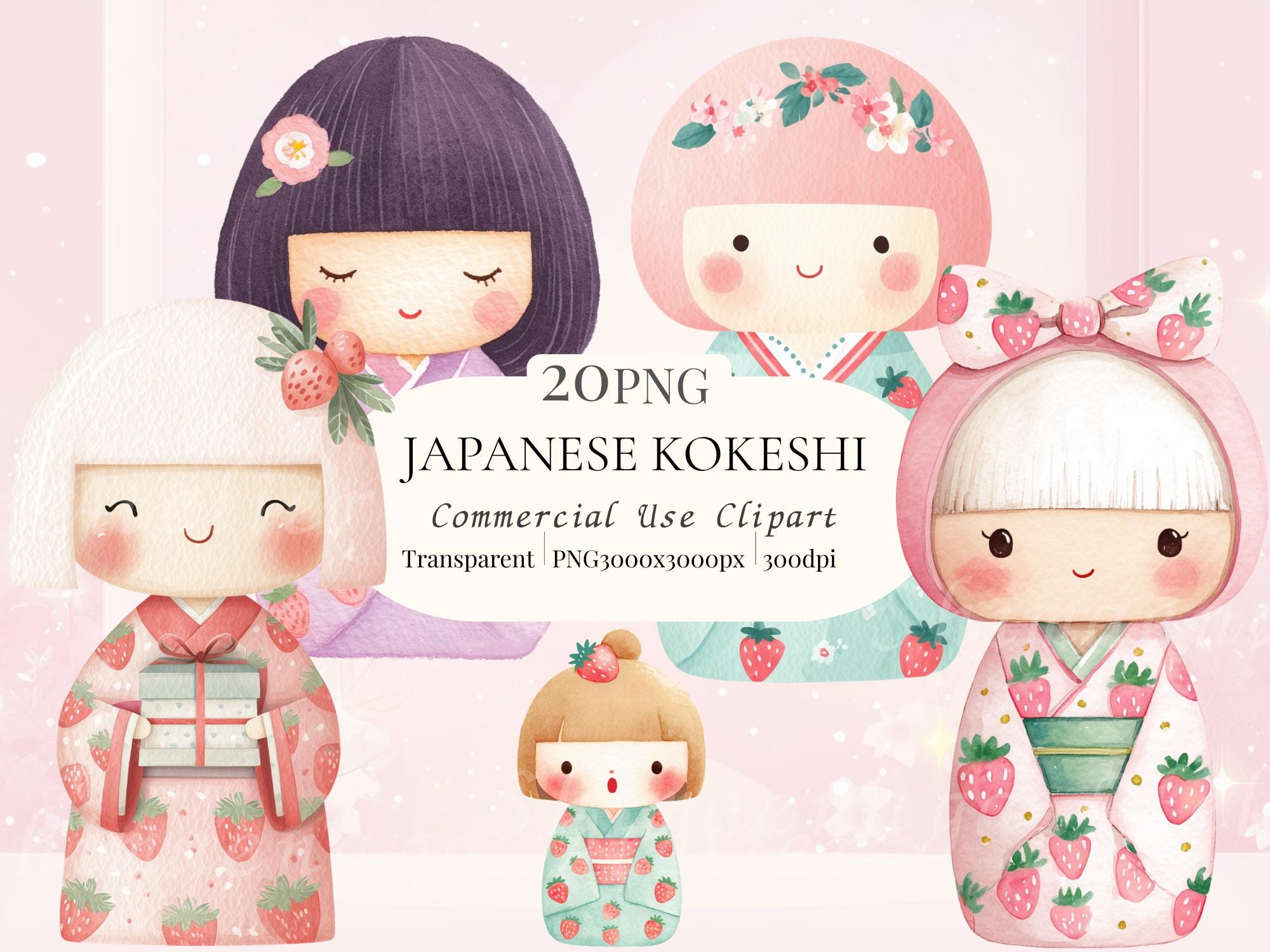 Kokeshi Clipart Set, Kawaii Strawberry Japanese Doll PNG, 20 Cute ...