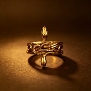 May include: A gold-toned ring featuring a coiled snake design that wraps around the band. The snake's head is positioned at the top and bottom, with detailed scale textures visible along the body of the serpent as it forms the circular ring shape.